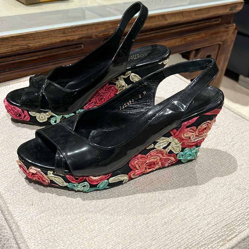 Costablanca black, patent ribbon, floral wedges made in Spain